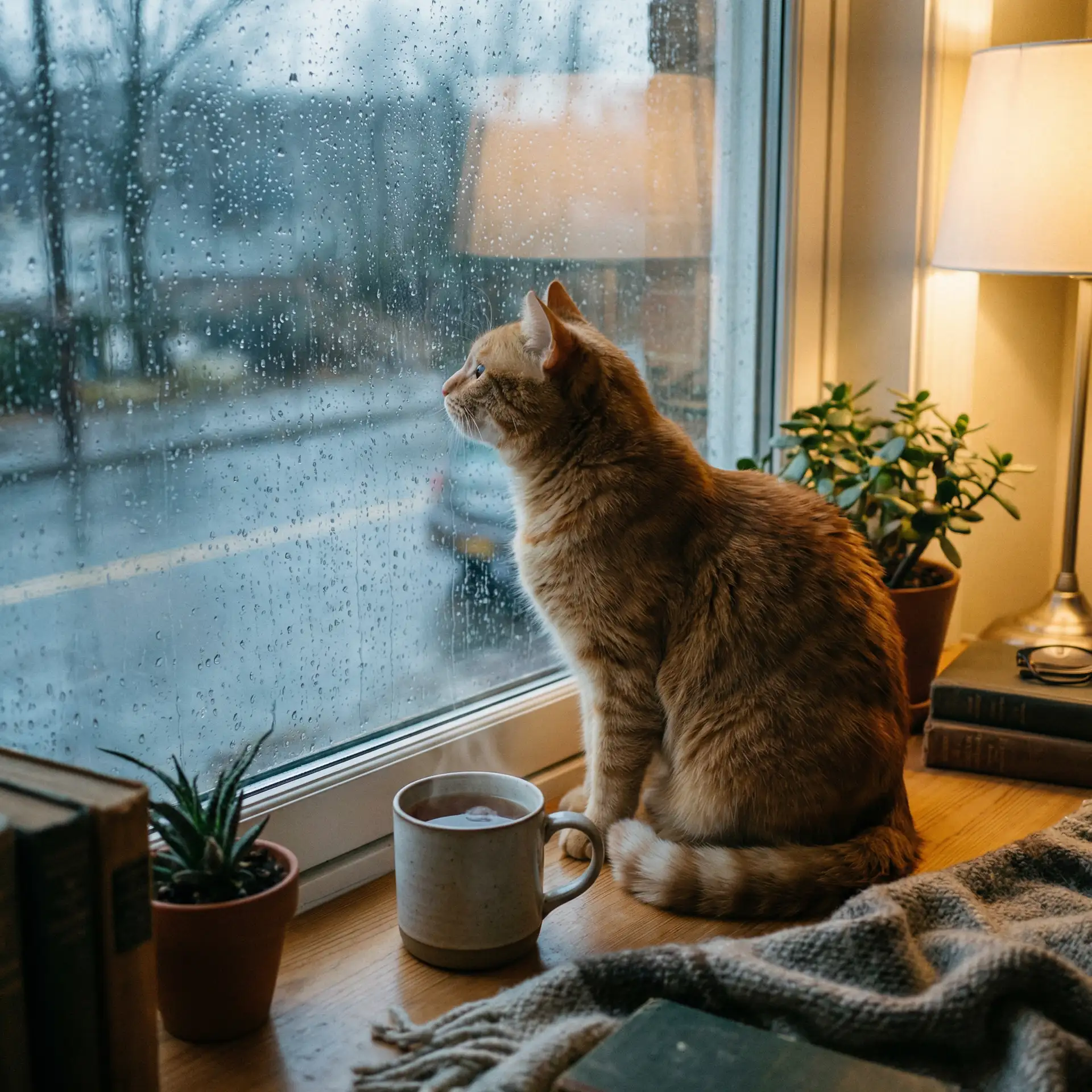 猫咪望着窗外的雨 - www.54uuu.com